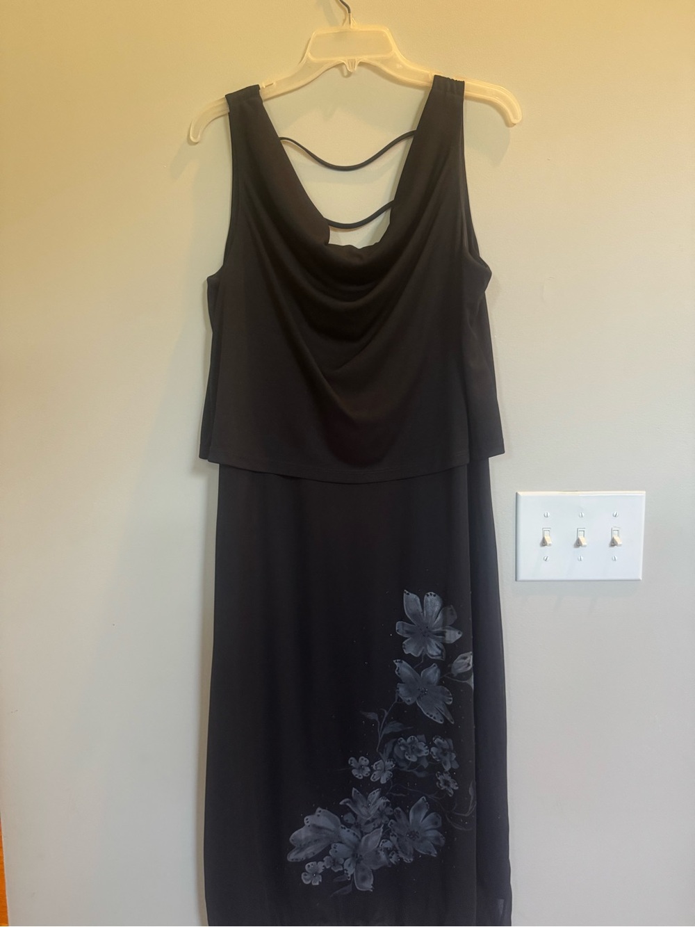 I.N. Studio Black Midi Dress with Draped Cowl and Floral Accent